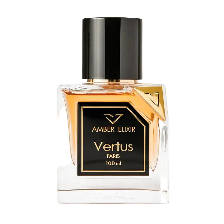 Perfume bottle labeled 'Amber Elixir Vertus' on a white background