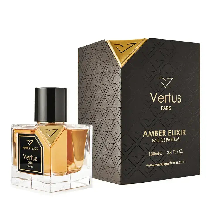 Vertus Paris Amber Elixir perfume bottle and packaging on a white background