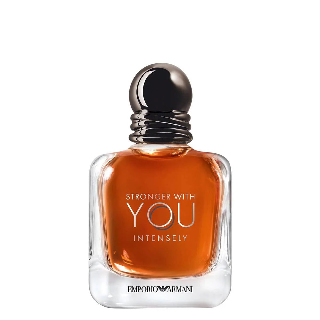 Perfume bottle labeled 'Stronger with You Intensely' by Emporio Armani on a white background