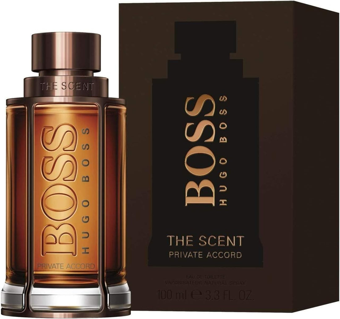 Hugo Boss The Scent Private Accord perfume bottle and packaging on a white background