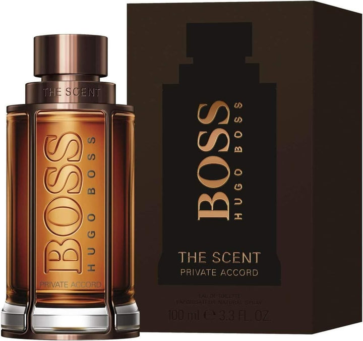Hugo Boss The Scent Private Accord perfume bottle and packaging on a white background