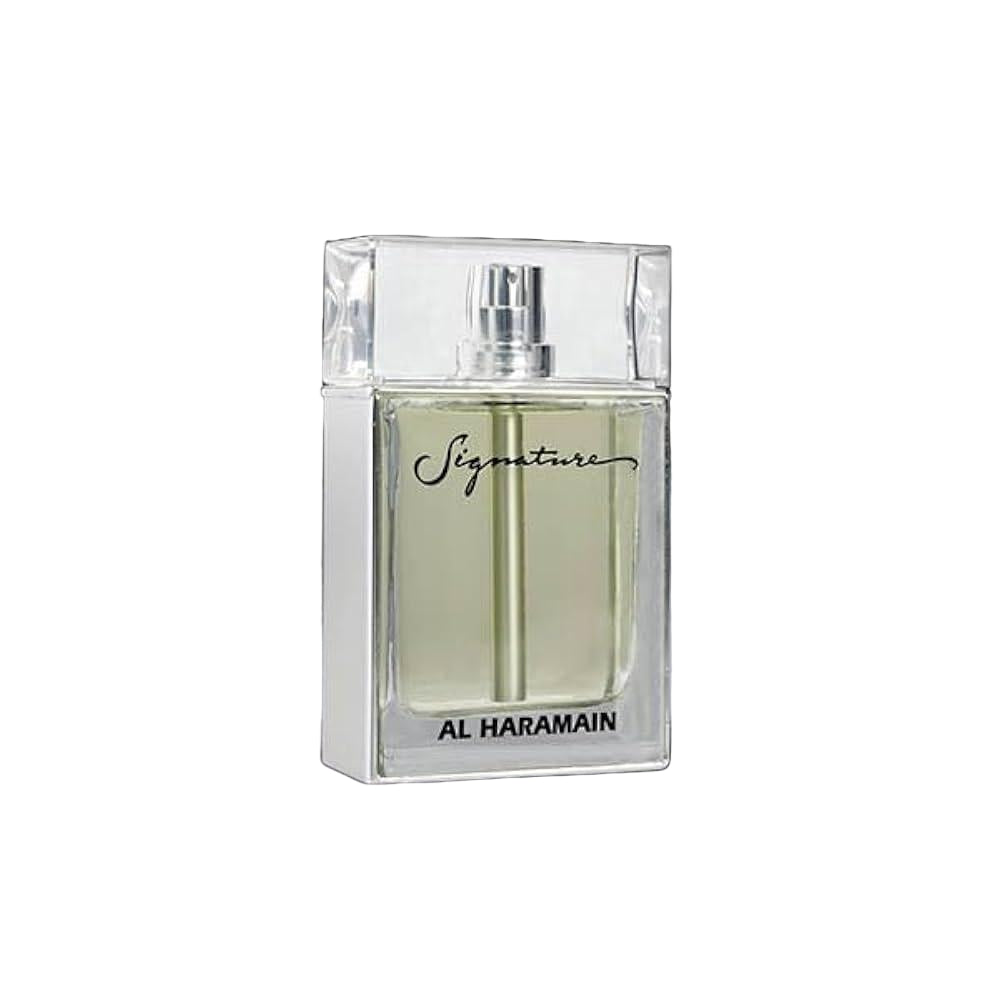 Perfume bottle labeled 'Signature' by Al Haramain on a dark background with smoke effects.