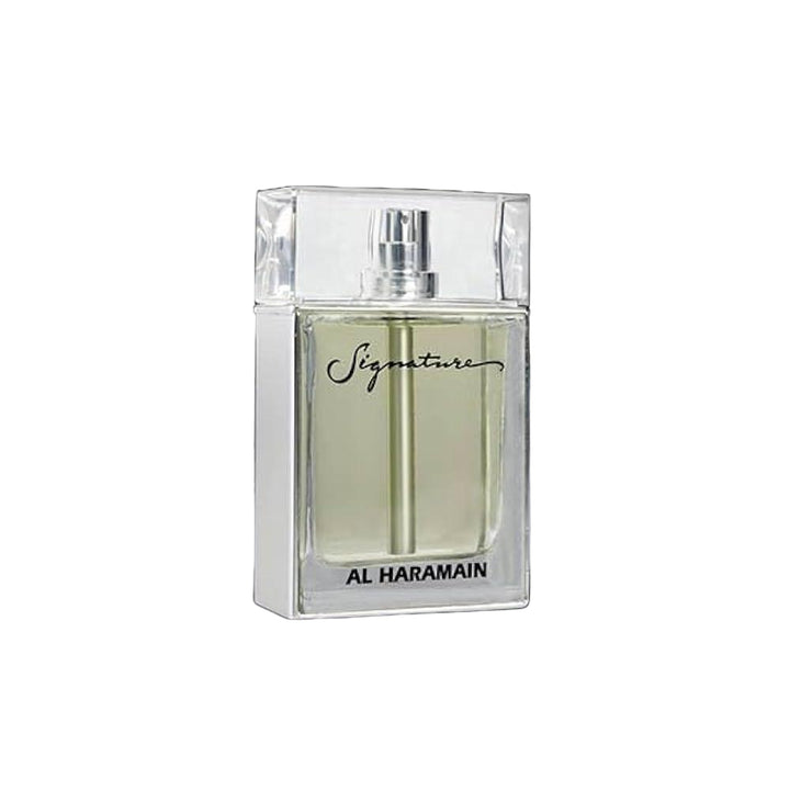 Perfume bottle labeled 'Signature' by Al Haramain on a dark background with smoke effects.