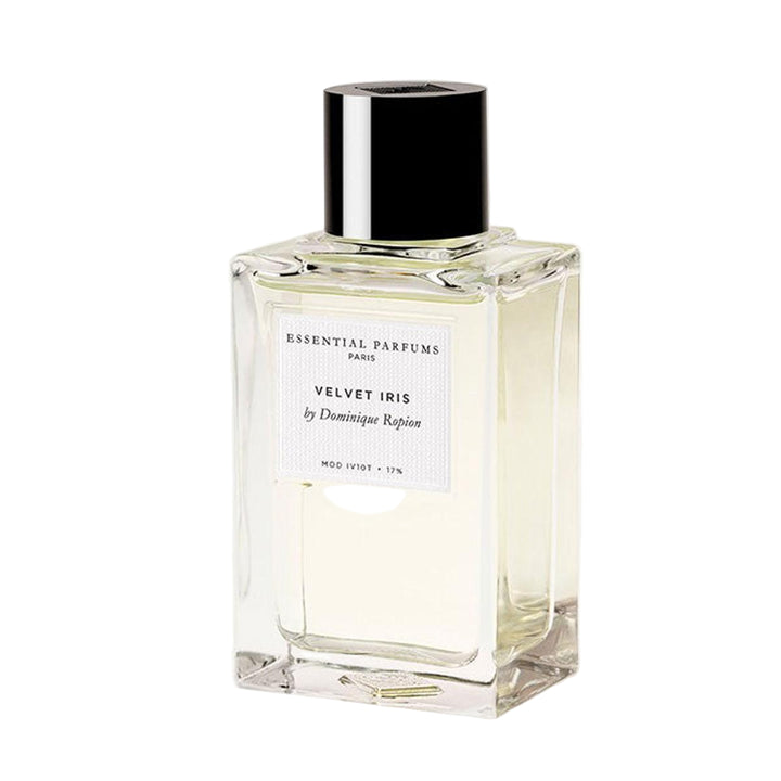 Perfume bottle labeled 'Velvet Iris' by Essential Parfums on a white background