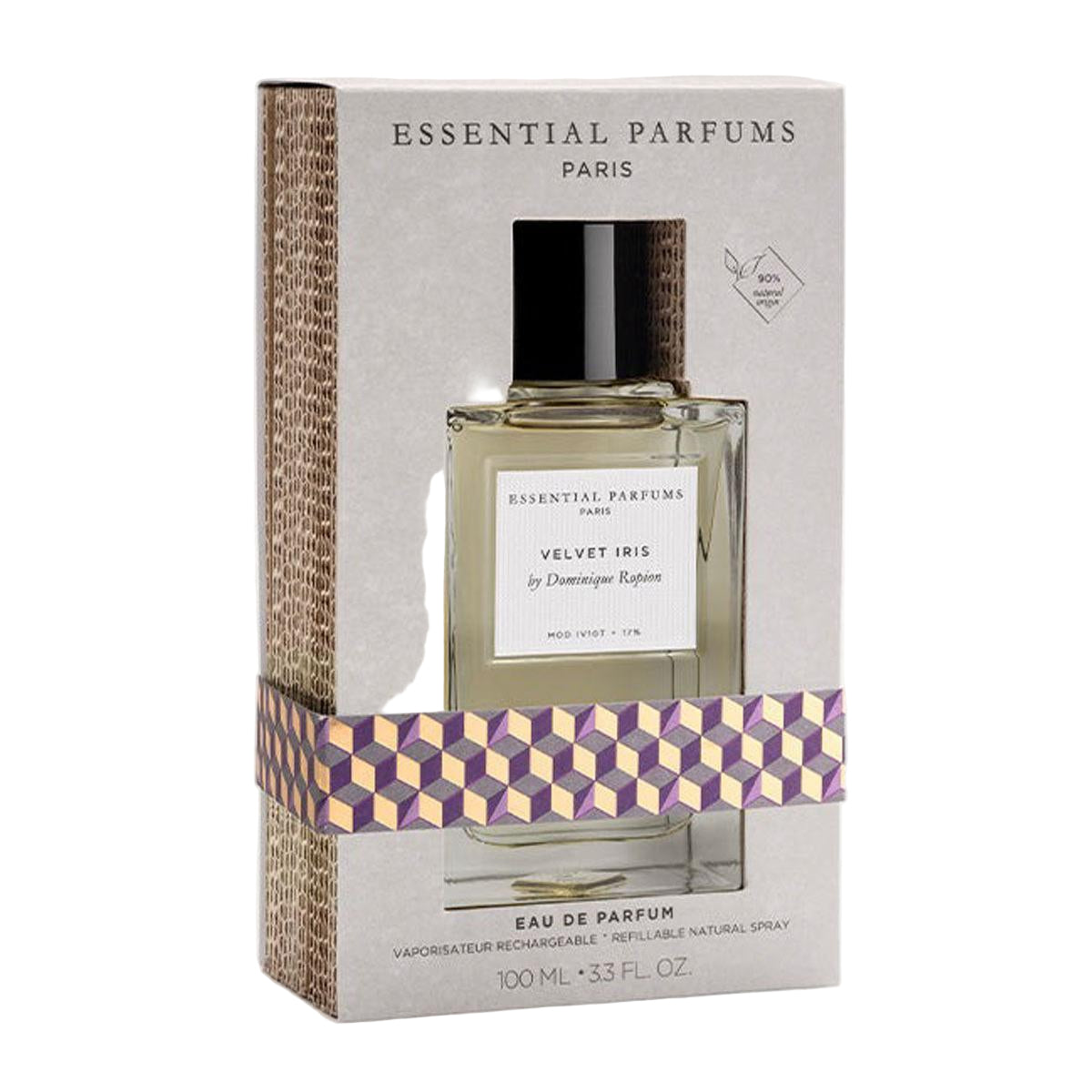 Perfume bottle with packaging labeled 'Essential Parfums Paris' on a white background