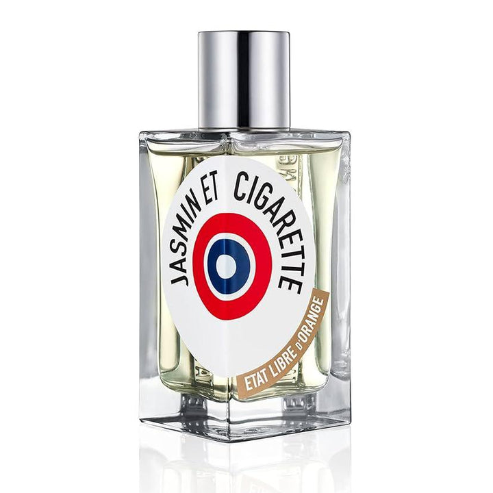 Perfume bottle with a distinctive label on a white background