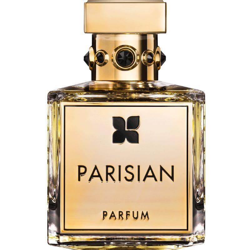 Perfume bottle labeled 'Parisian Parfum' with gold cap on a white background