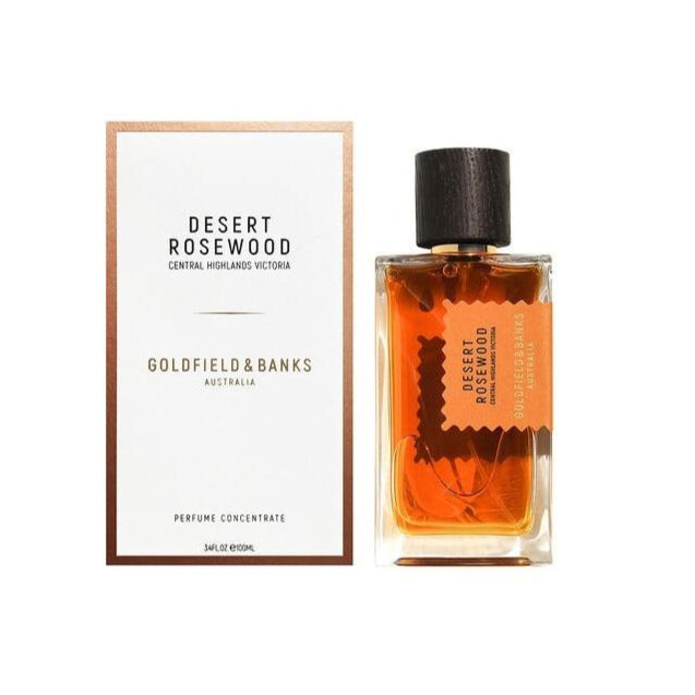 Perfume bottle and packaging of Goldfield and Banks Desert Rosewood on a white background