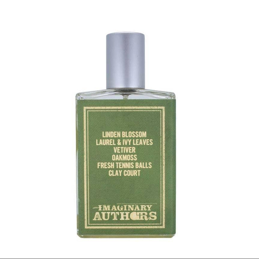 Perfume bottle with green label on a white background