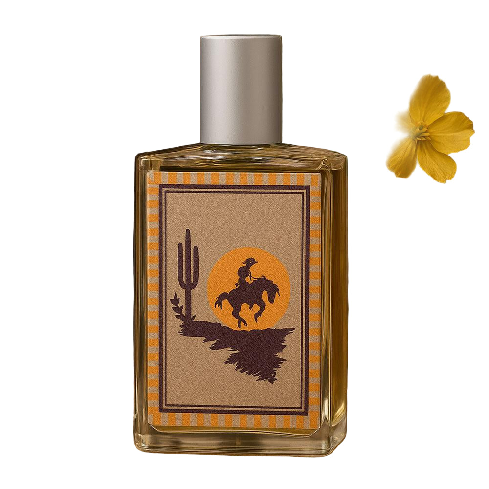 Perfume bottle with desert-themed label surrounded by natural elements like a rock, flowers, and leaves.