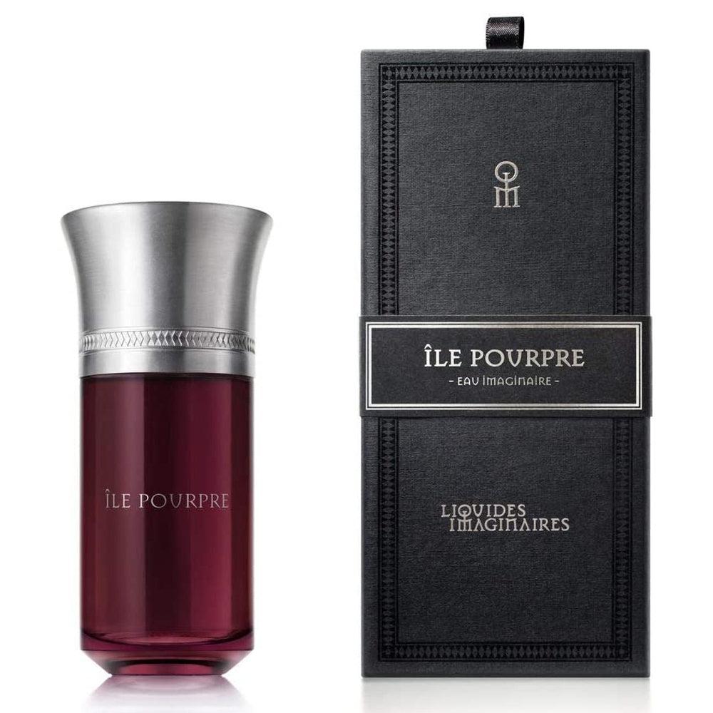 Red perfume bottle with silver cap and black packaging on a white background