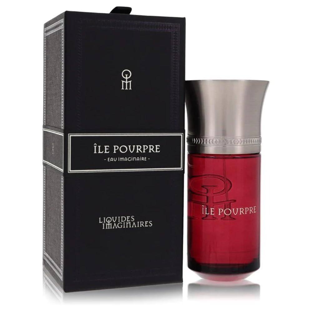 Red perfume bottle with silver cap and black box labeled 'Ièle Pourpre' on a white background