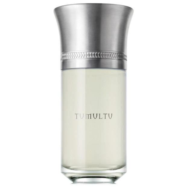 Fragrance bottle with silver cap and base on a white background