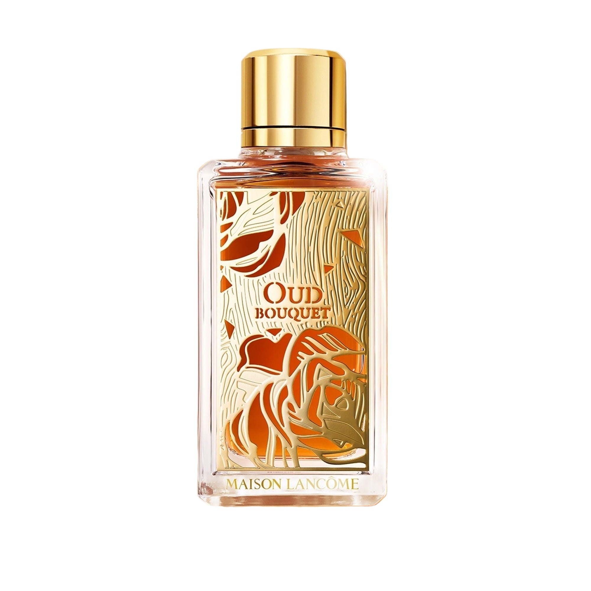 A bottle of Lancome Maison Oud Bouquet Eau De Parfum 100ml with a gold cap, displayed with golden ribbons and a floral patterned background.