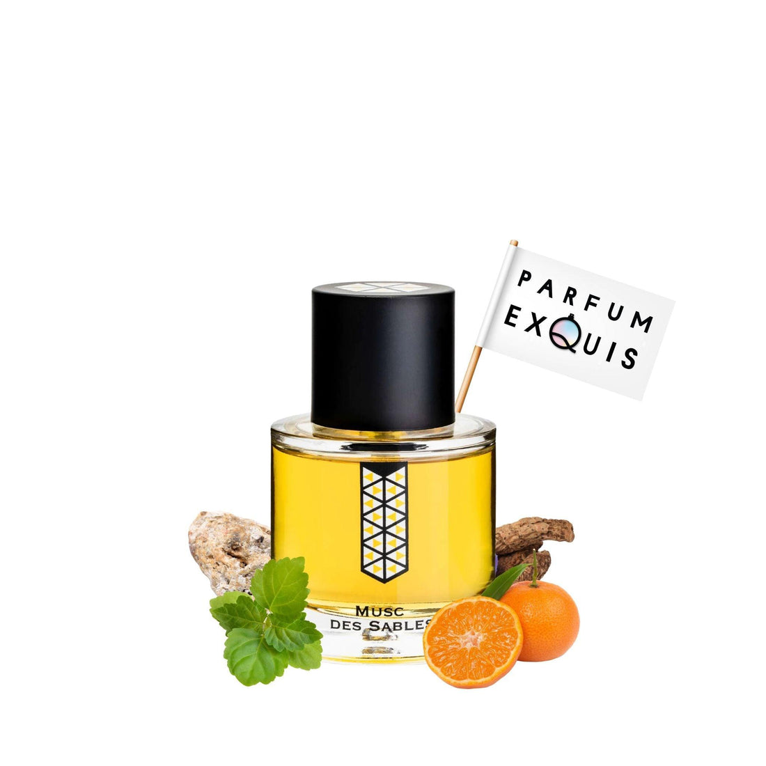 Perfume bottle labeled 'Parfum Exquis' with ingredients on a white background