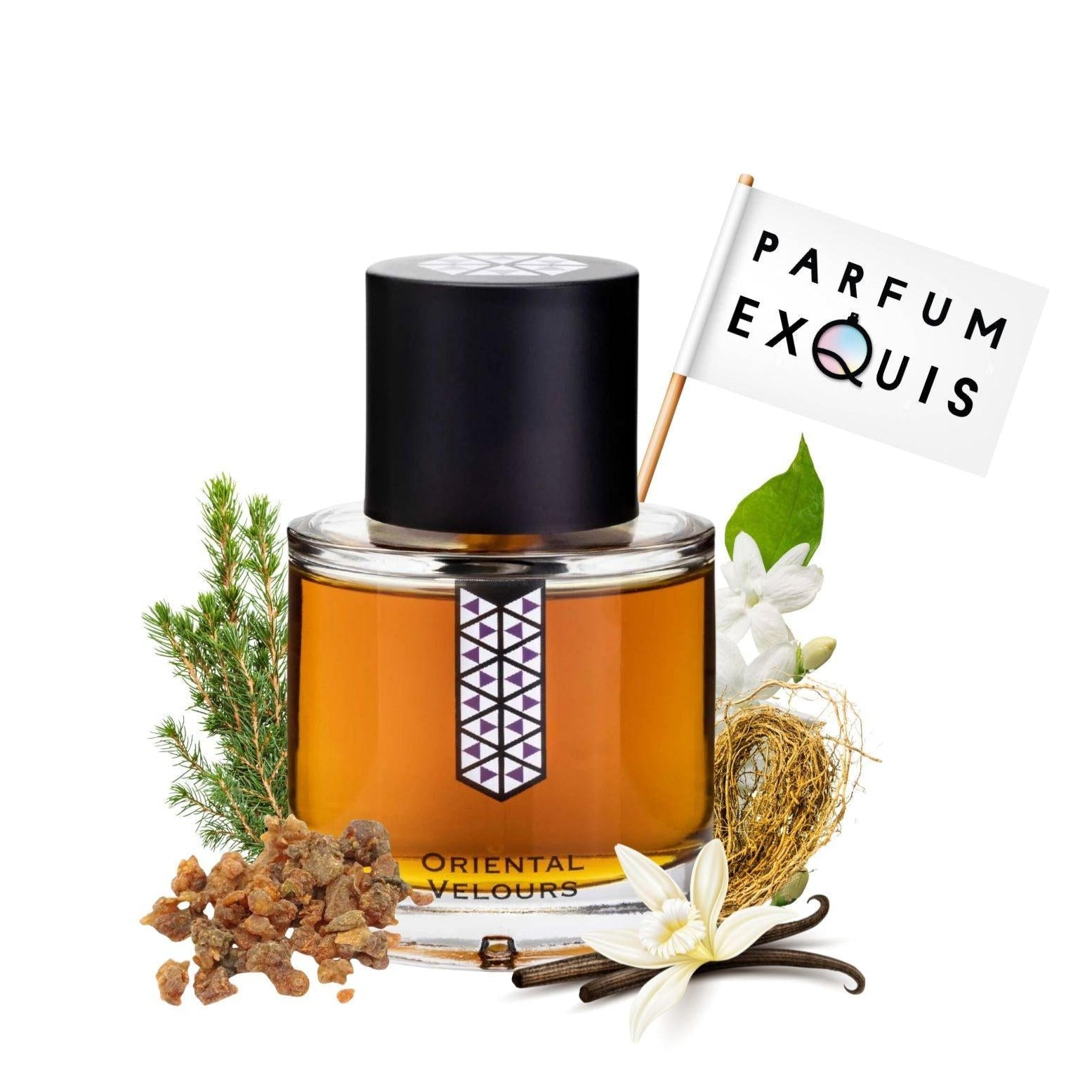 Perfume bottle with botanical elements and 'Parfum Exquis' flag on a white background