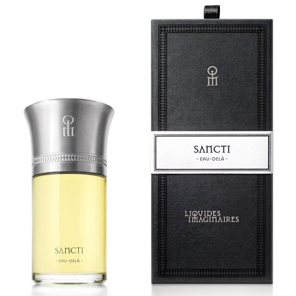 Sancti perfume bottle with black packaging on a white background