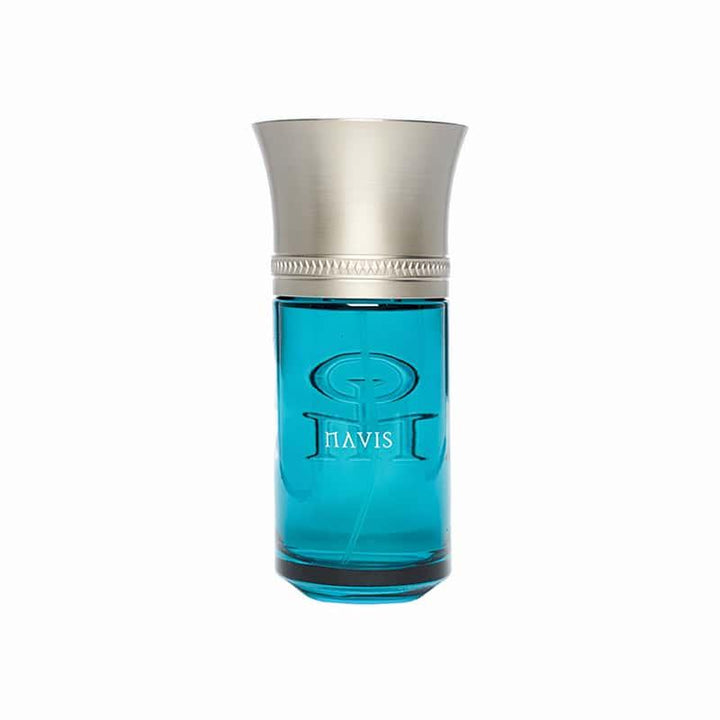 Blue perfume bottle with silver cap on a white background