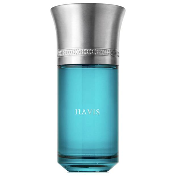 Blue perfume bottle with silver cap on a white background