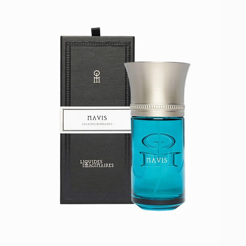 Blue perfume bottle with silver cap and black box on a white background