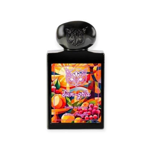 Perfume bottle with colorful label featuring fruits and 'Sun-gria' branding on a white background