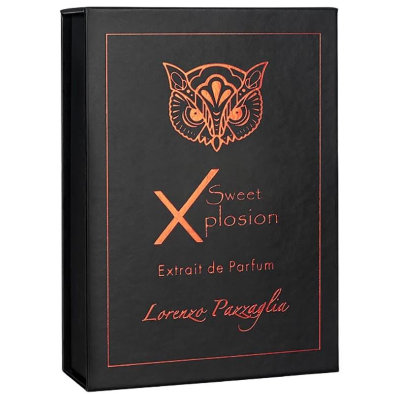 Black perfume box with orange owl design and text 'Sweet Xplosion' by Lorenzo Pazzaglia.
