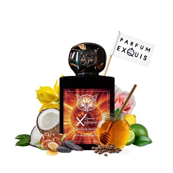 Parfum Exquis perfume bottle with decorative elements on a white background