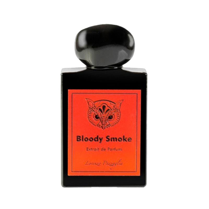 Perfume bottle labeled 'Bloody Smoke' with a black cap on a white background
