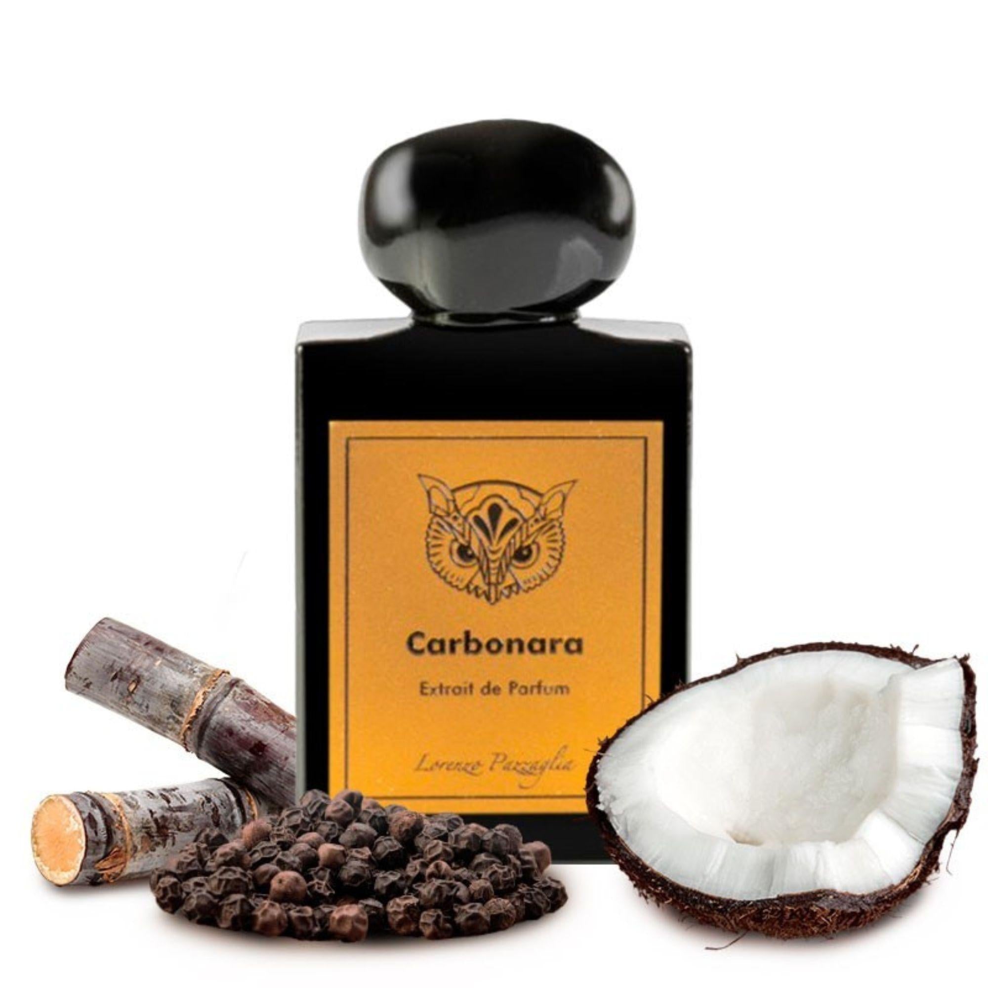Perfume bottle labeled 'Carbonara' with ingredients like coconuts and chocolate on a white background
