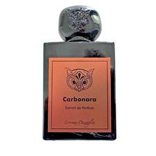 Perfume bottle labeled 'Carbonara' with a black and orange design on a white background