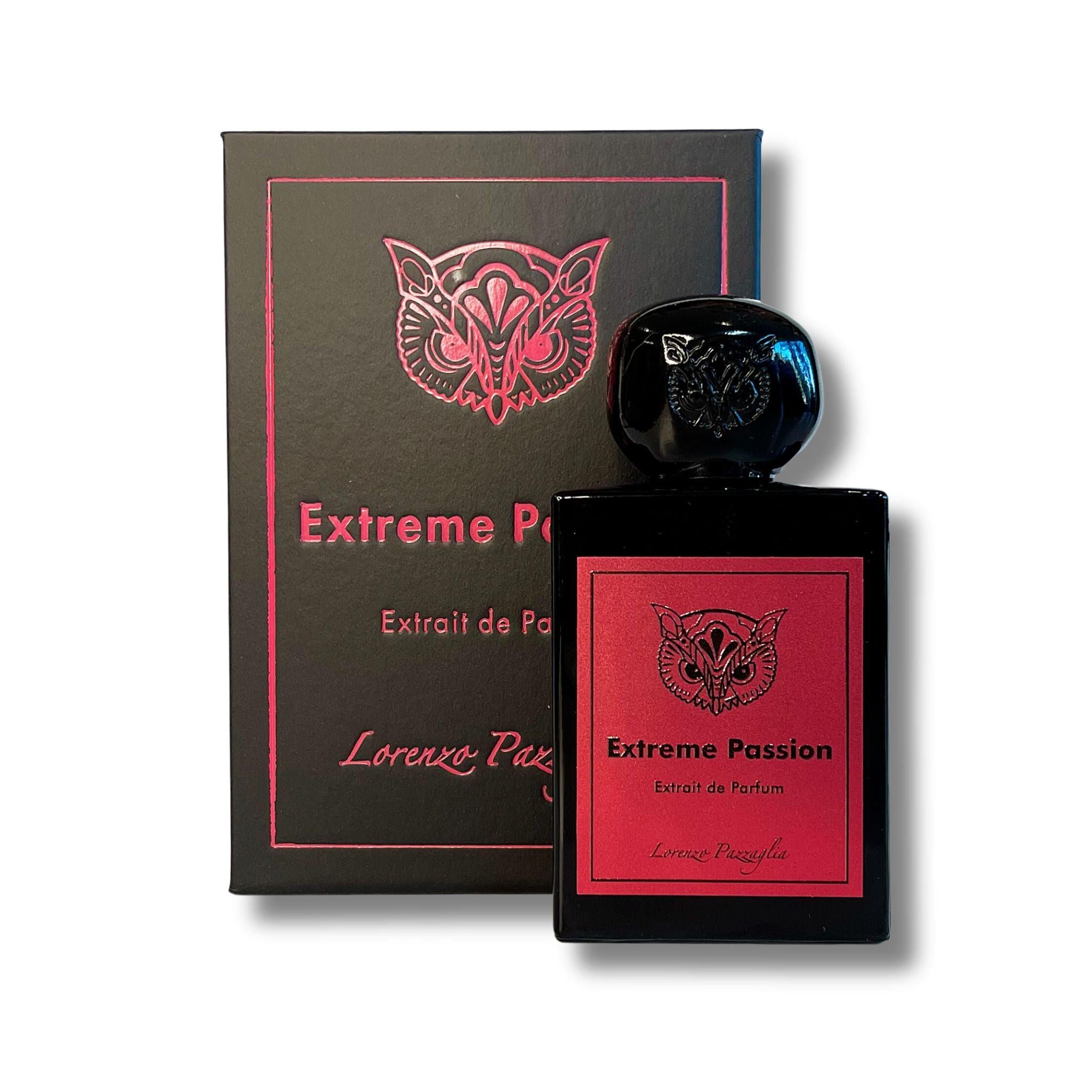 Perfume bottle and packaging of Lorenzo Peretti Extreme Passion on a white background
