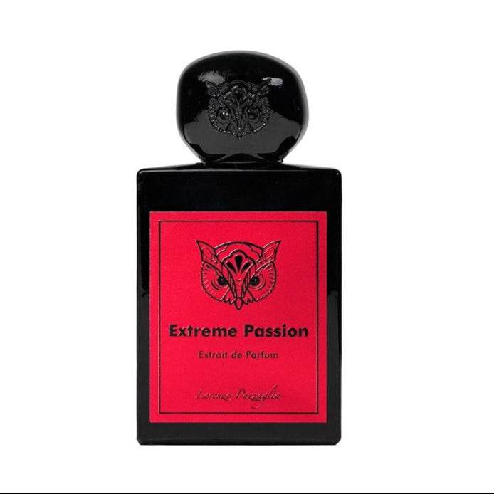 Perfume bottle labeled 'Extreme Passion' with a black and red design on a white background