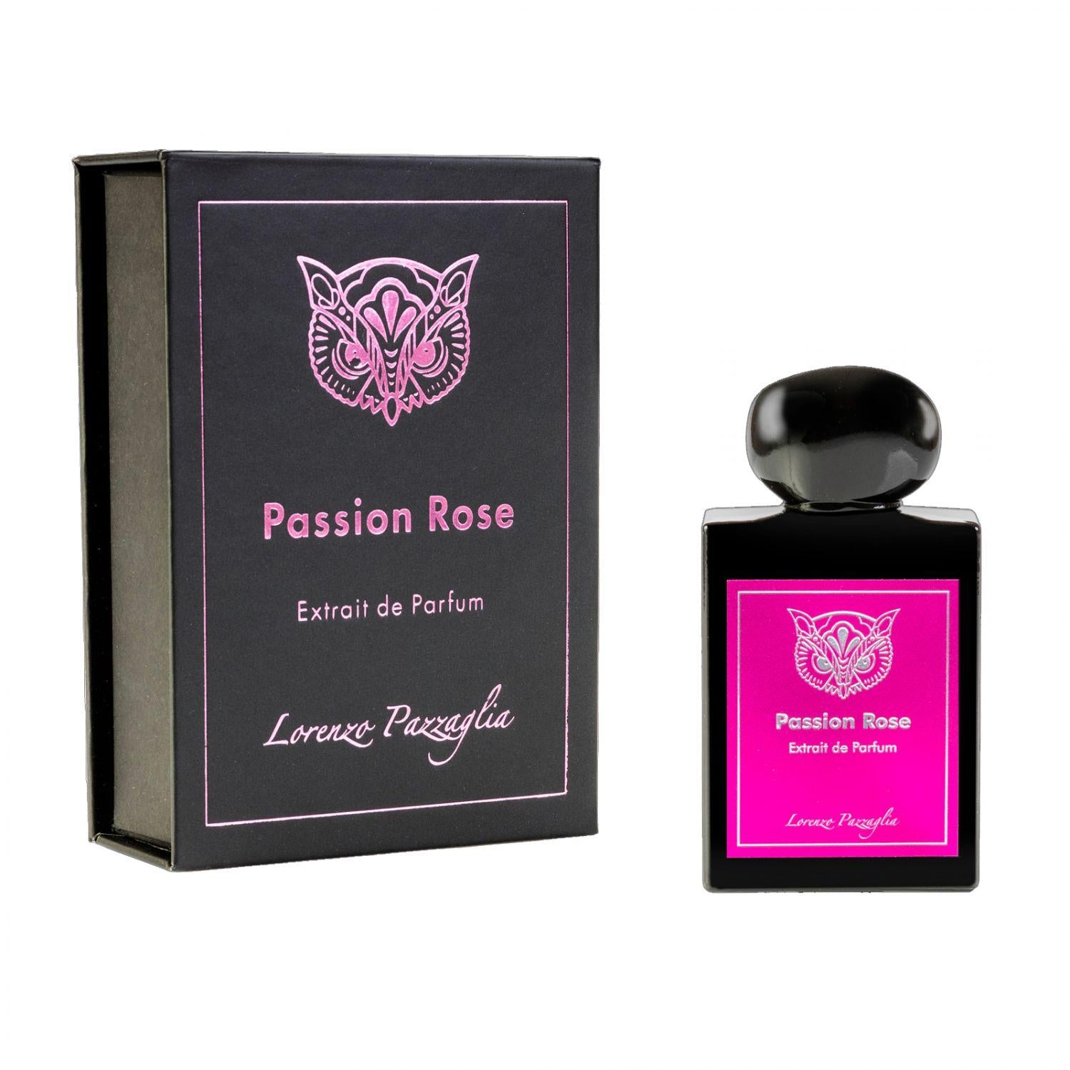 Passion Rose perfume bottle and packaging with pink and black design.