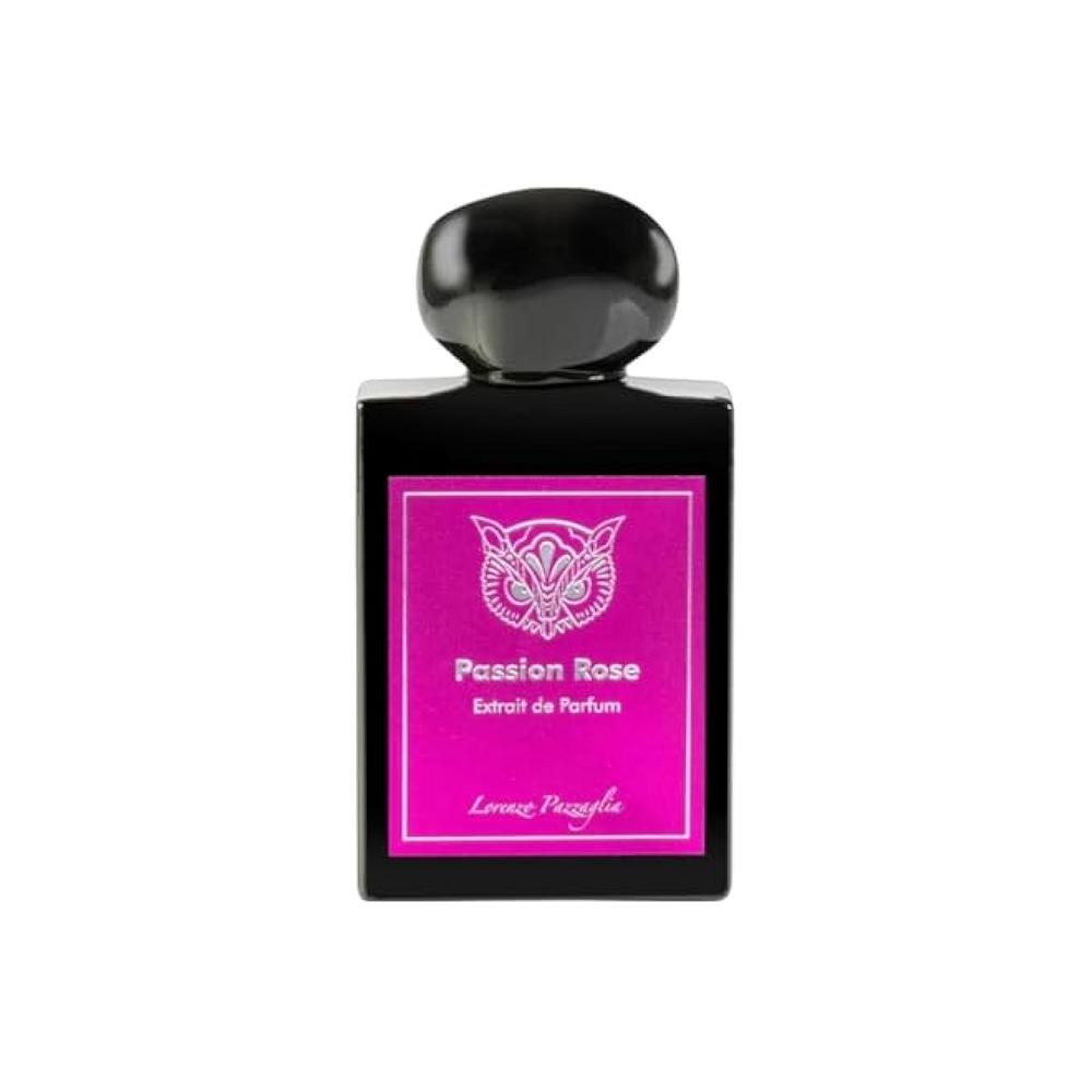 Perfume bottle labeled 'Passion Rose' with a black cap on a white background