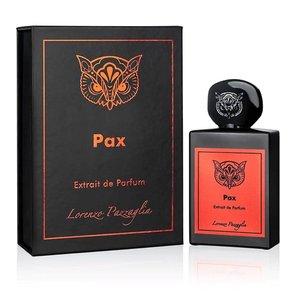 Perfume bottle and packaging of Lorenzo Pazzaglia Pax Extrait de Parfum on a white background