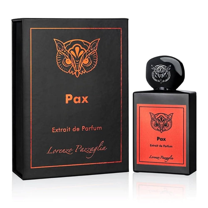 Perfume bottle and packaging of Lorenzo Pazzaglia Pax Extrait de Parfum on a white background