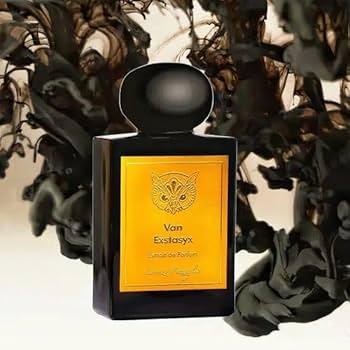 Perfume bottle with yellow label and black casing on a leafy background