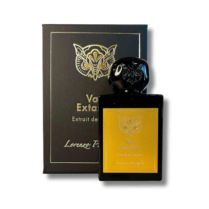 Perfume bottle and packaging with owl design on a white background