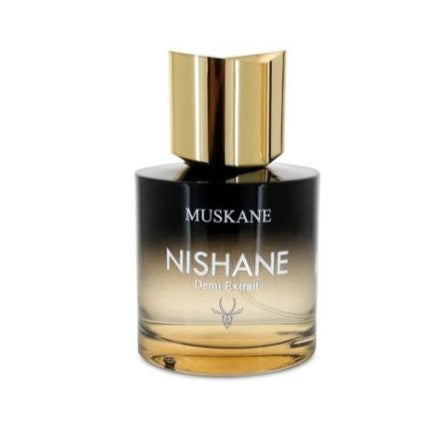 Nishane Muskane perfume bottle with gold cap on a white background