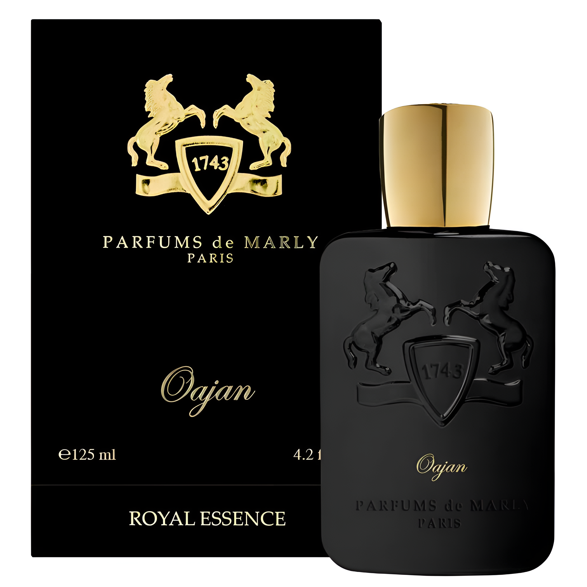A black bottle of Parfums De Marly Oajan Eau De Parfum with a gold cap, displayed alongside its packaging box featuring the brand logo and the name 'Oajan'. The text indicates the fragrance is a 'Royal Essence' and has a volume of 125ml.