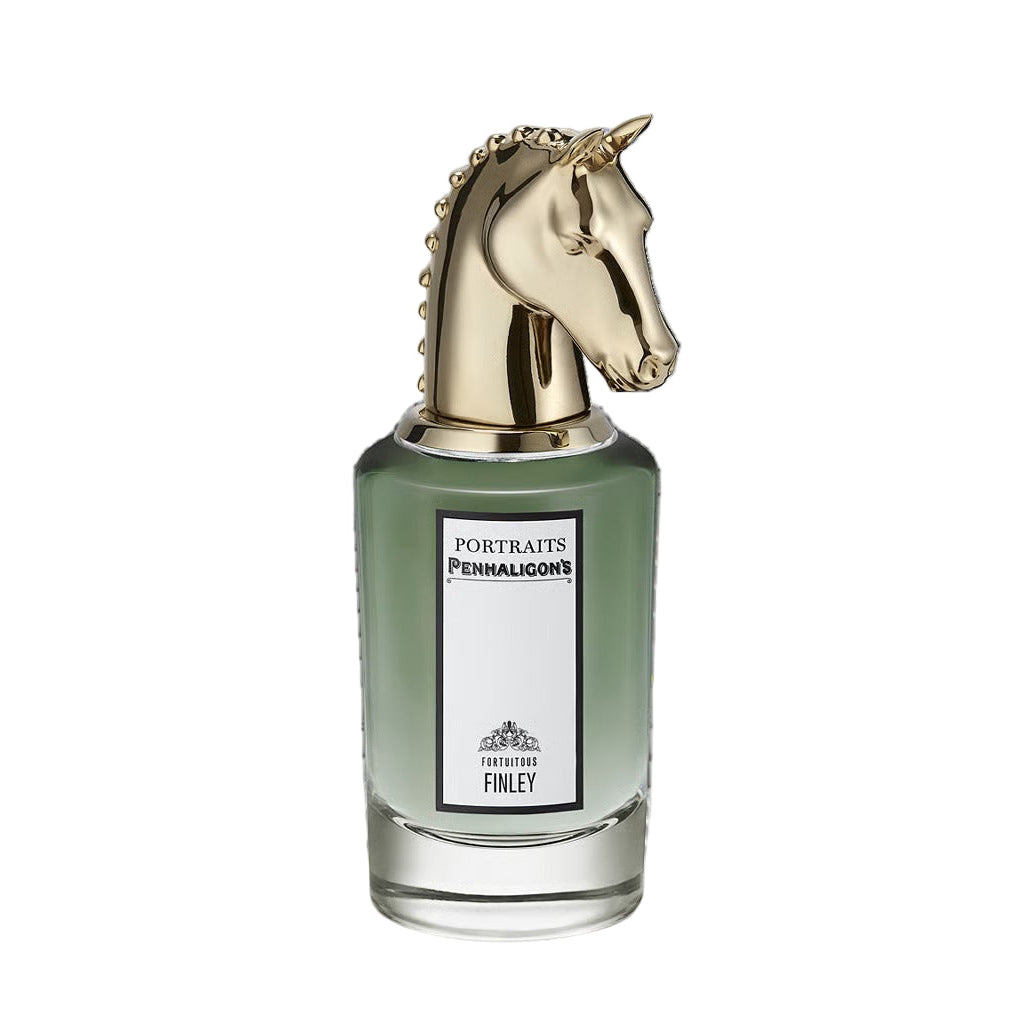 Perfume bottle with gold horse head design on a light gray background