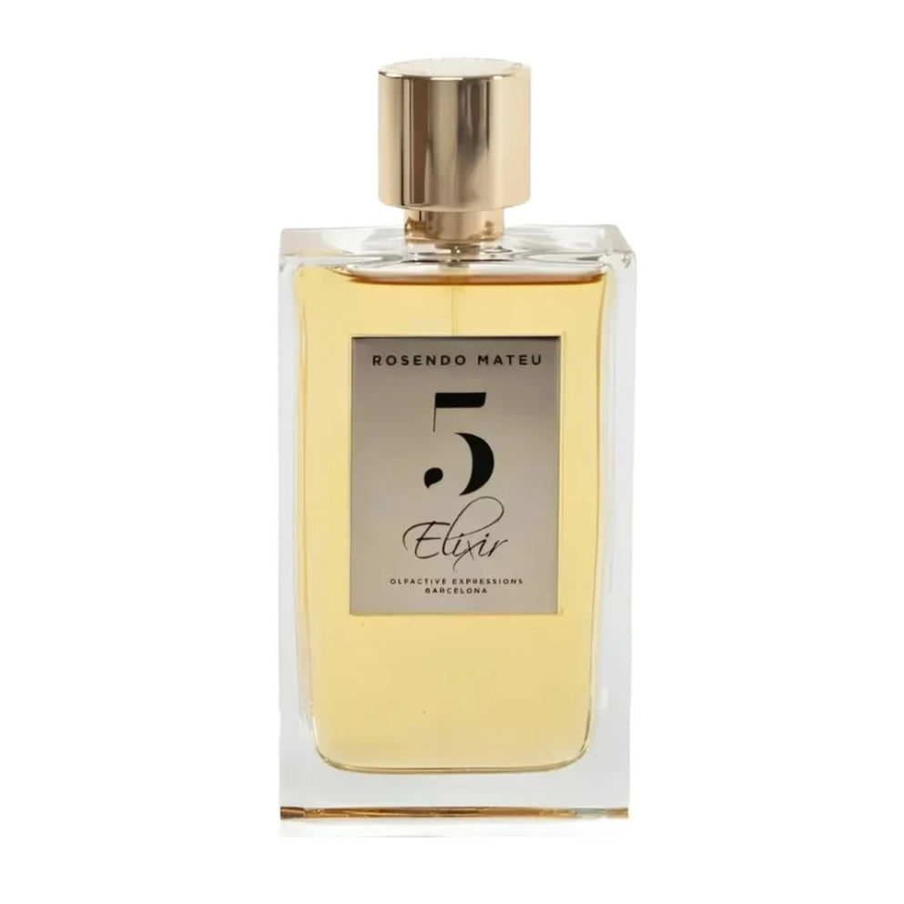 Perfume bottle with gold cap and label on a white background