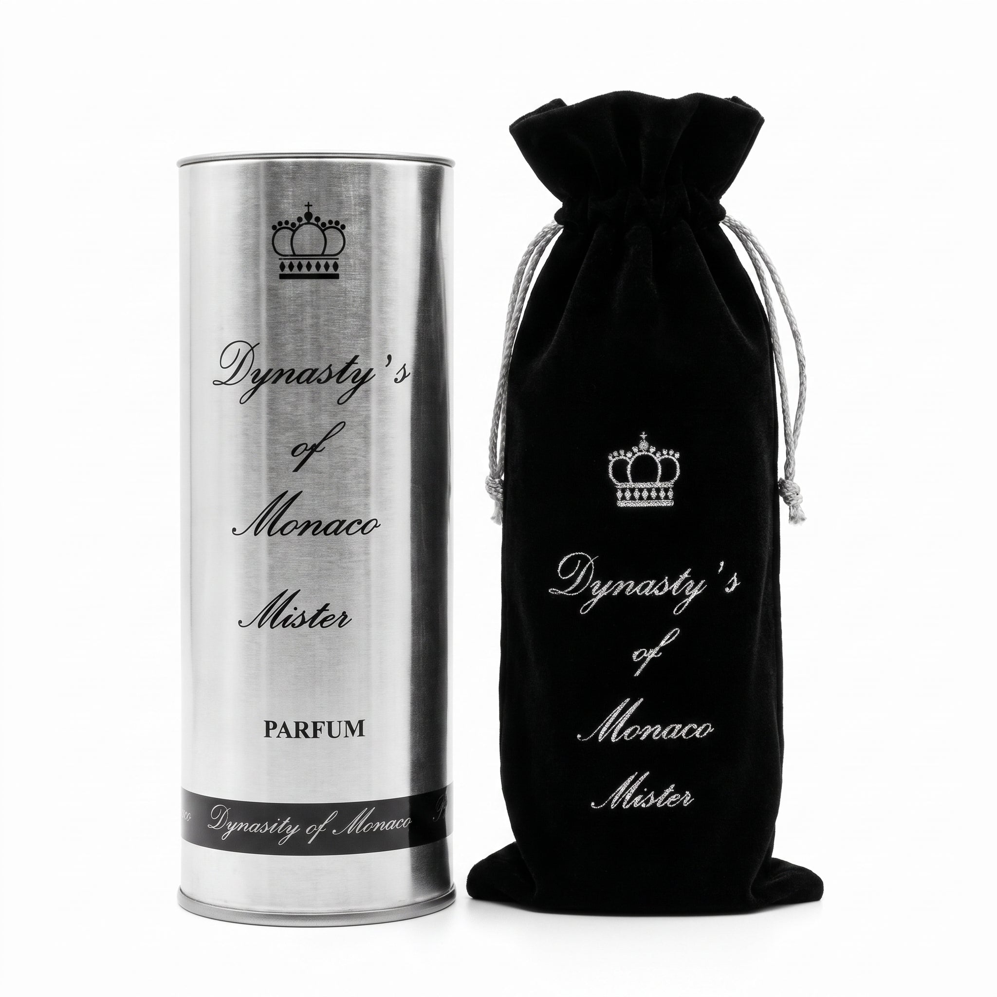 A cylindrical silver metal perfume tin and a black drawstring pouch, both printed with the text 'Dynasty's of Monaco Mister' and a crown logo, on a white background.