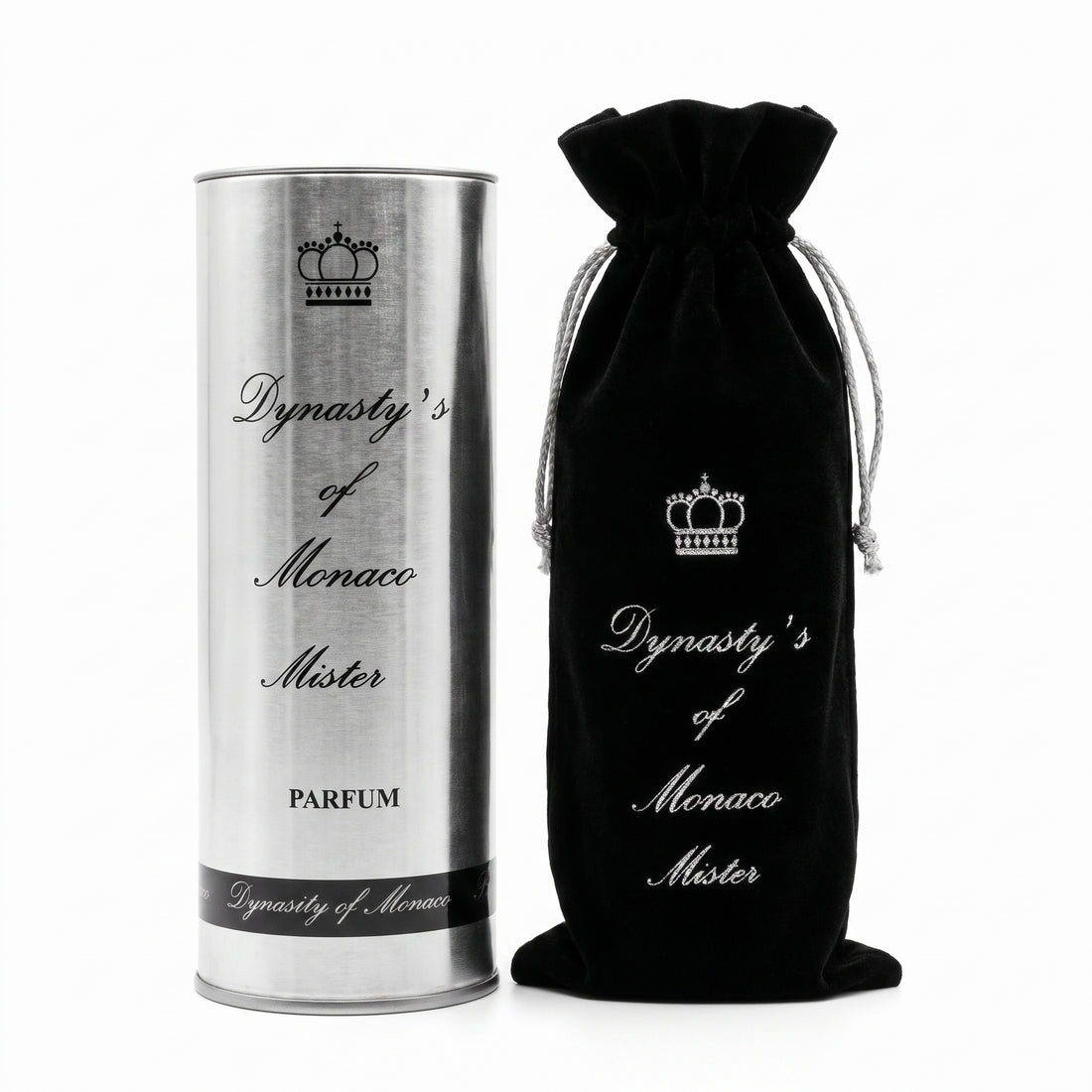 A cylindrical silver metal perfume tin and a black drawstring pouch, both printed with the text 'Dynasty's of Monaco Mister' and a crown logo, on a white background.