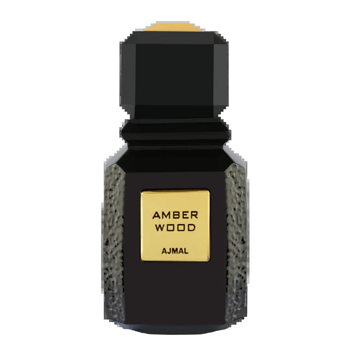 Perfume bottle labeled 'Amber Wood' by Ajmal on a white background