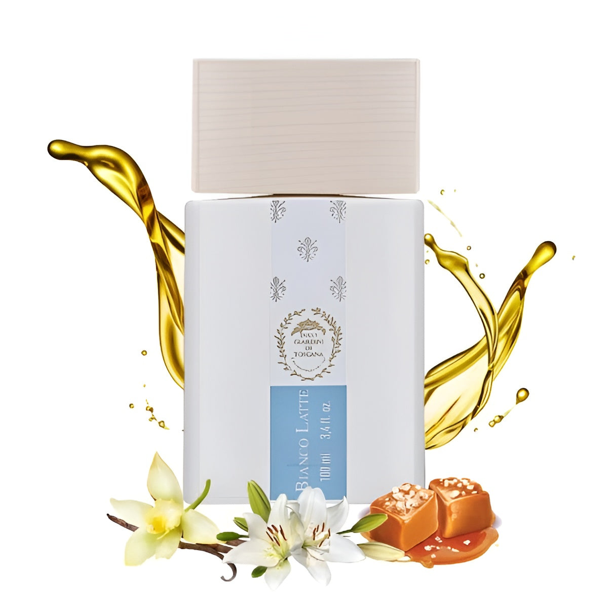 Banci Latte soap bar with vanilla flowers and caramel on a white background