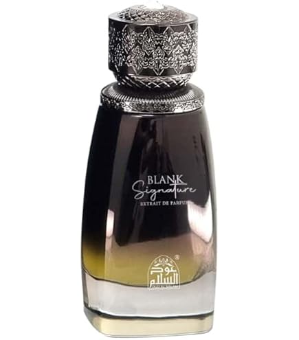 Perfume bottle labeled 'Blank Signature' with intricate design on a white background