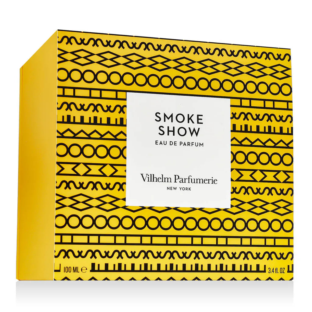 Vilhelm Parfumerie 'Smoke Show' perfume packaging with yellow and black design.
