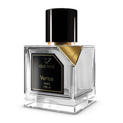 Perfume bottle labeled 'Oud Noir Vertus' by 'Vertus Paris' on a white background