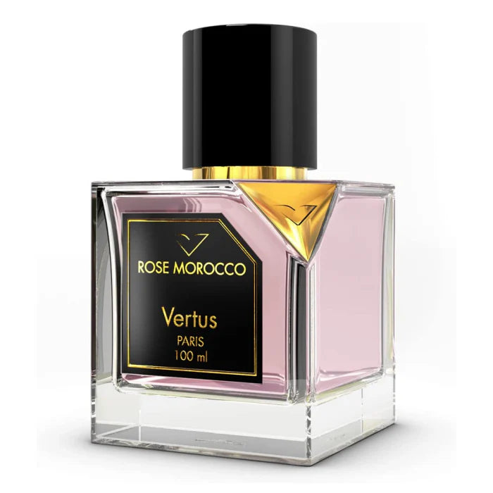 Perfume bottle labeled 'Rose Morocco Vertus Paris' on a white background